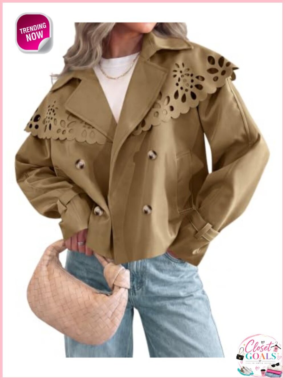 Women's Cropped Trench Coat Oversized Cape Hollow Shoulder